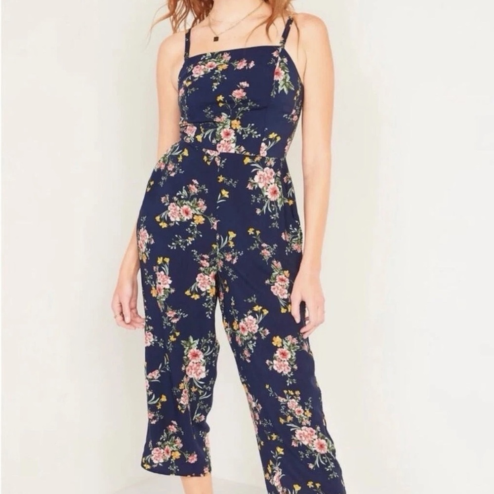 Old Navy Floral Navy Jumpsuit Smocked Back Wide Leg M